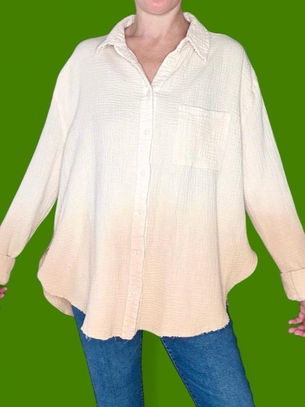 La Miel Cream Beige Dip Dye Oversized Button Down Gauze Shirt